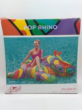 Pop Rhino Inflatable Pool Float Ride-On 6ft.7in. x 40in. Colorful Design By Best